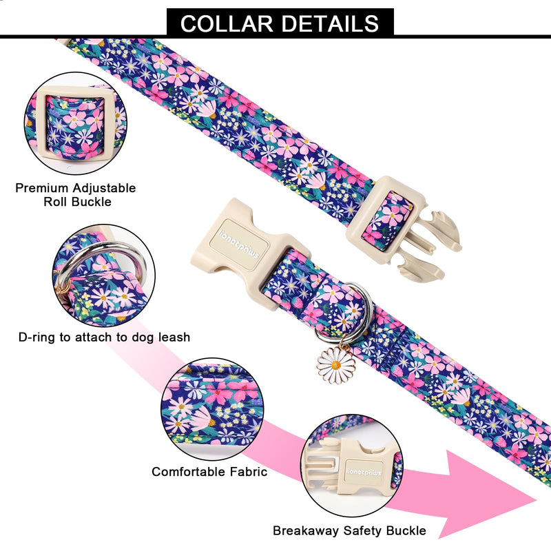 Lionet Paws Floral Dog Collar- Cute Spring Wildflowers Daisy Fleabane Dog Collars with Plastic Buckle, Light Adjustable Dog Collars for Medium Dogs Medium (Pack of 1) Blossoms - PawsPlanet Australia