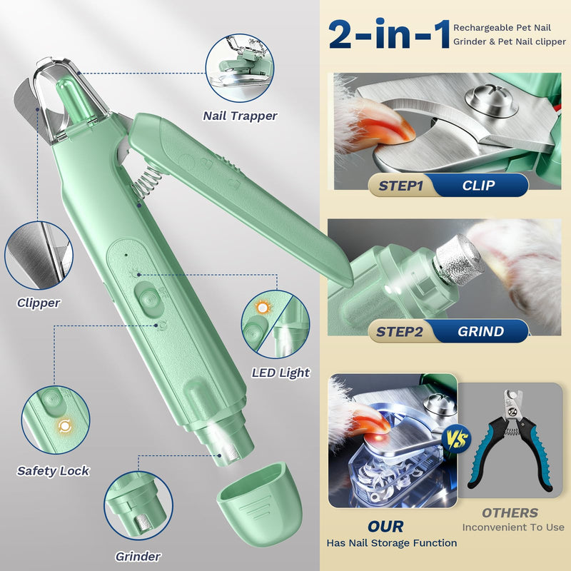 2-in-1 Dog & Cat Nail Clipper with Grinder - Dual Highlight LED Reduce Over-Trimming, Long Battery Cordless USB-C Rechargeable, Safety Lock & Catcher Cap, Quiet Home Grooming for Small Large Pets Green - PawsPlanet Australia