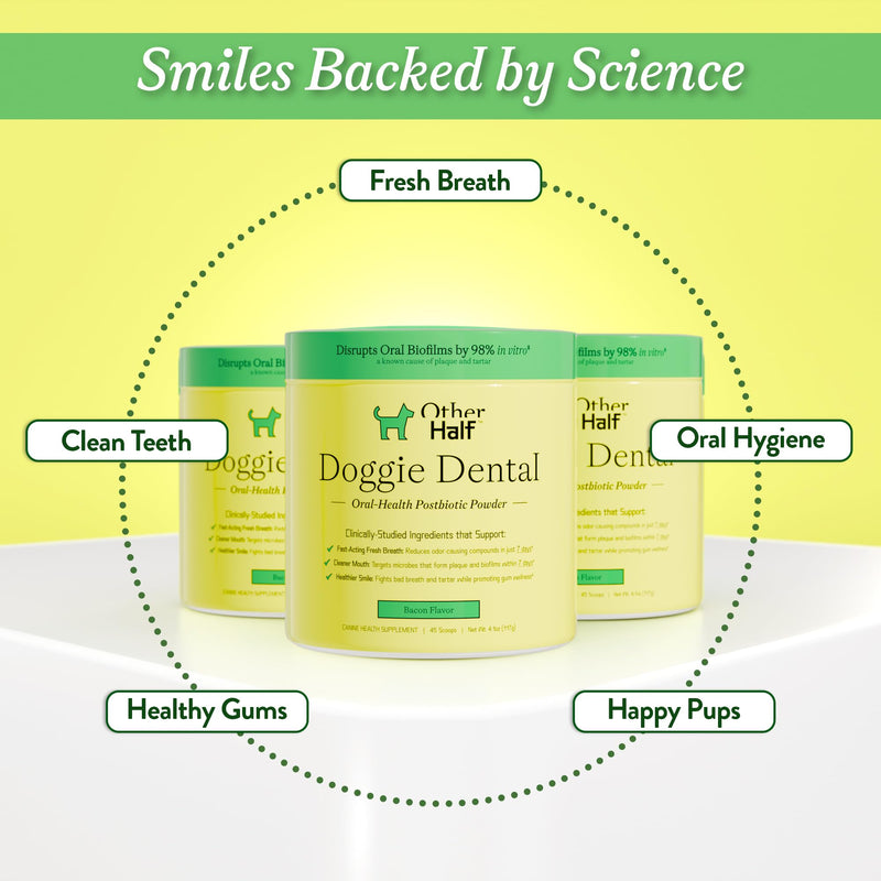 OTHER HALF Doggie Dental Supplement Powder - Dog Breath Freshener & Teeth Cleaning Made Easy - Oral Health Postbiotic for Dogs - Targets Tartar, Plaque & Bad Breath | 45 Scoops, Bacon Flavor