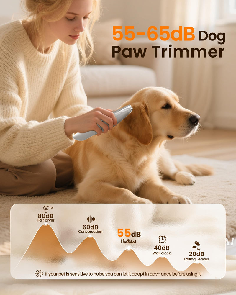 Vacuum Dog Paw Trimmer, Low Noise Paw Trimmers for Dog's Feet with Hair-Suction, Safety Cordless Electric Dog Clippers for Grooming, Rechargeable Cat Shaver for Paws, Ears, Face White