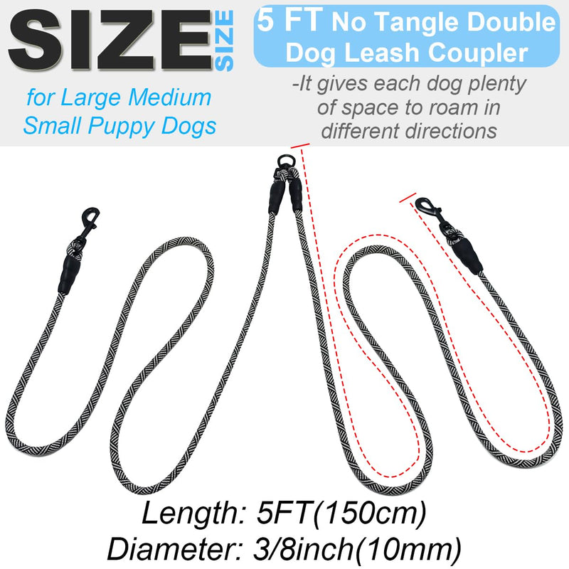 5 FT Double Dog Leash Coupler, Tandem Leash for Two Dogs, No Tangle 360° Swivel Rotation Dual Strong Dog Leash Splitter, for Large Medium Strong Puppy Dogs (3/8inch- Black) 3/8"D x 5ft