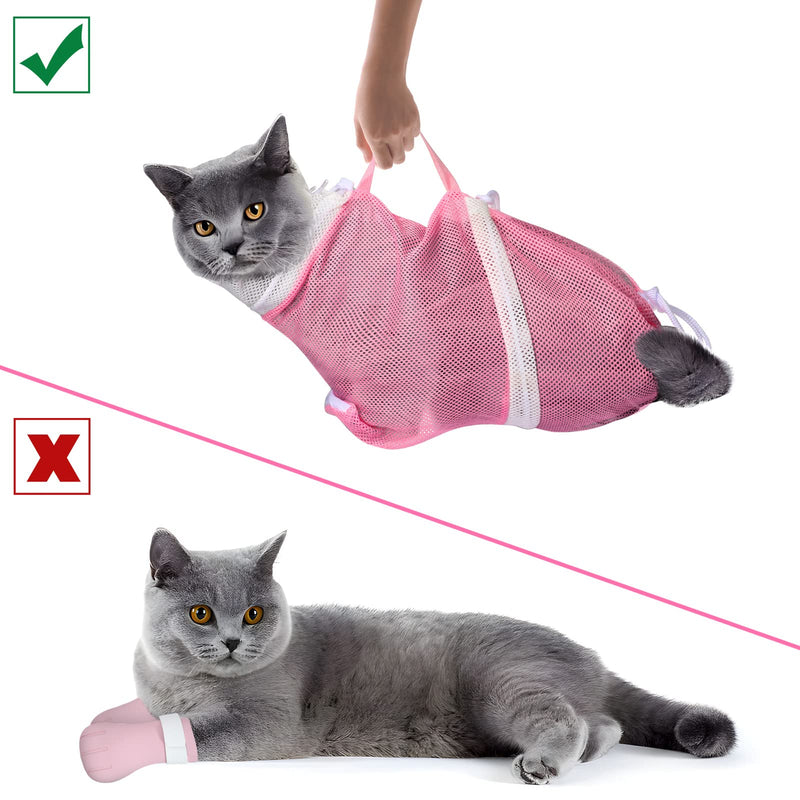 JULMELON Cat Washing Bag 10 PCS Set, Adjustable Cat Shower Net Bag and Pet Grooming Brush with Nail Clipper Nail File Hair Combs Tick Tool Nail Caps for Bathing Nail Trimming Examination(Pink+Grey) Pink+Grey - PawsPlanet Australia
