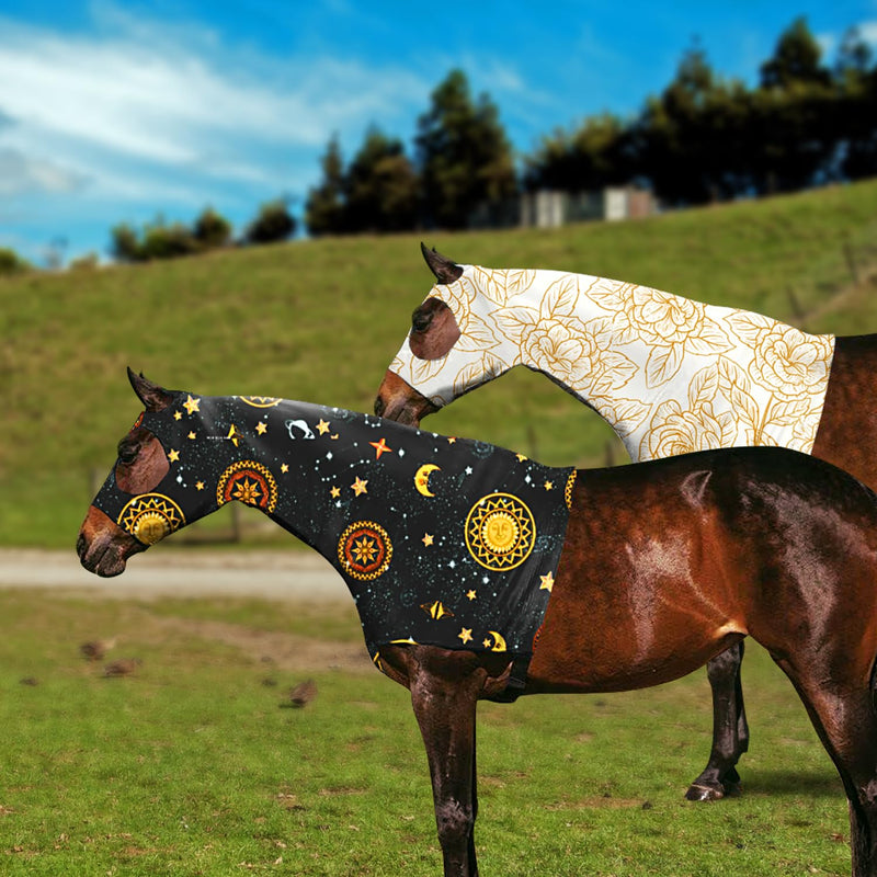 Horse Slicker Hood with Zipper of 2 Set: Snug Fit, No-Ears Design, and Extra Large Eye Holes for Face, Shoulders, Mane, Chest, and Withers - Perfect for Show-L（Orange+Flower） Orange+flower L-2Pack - PawsPlanet Australia