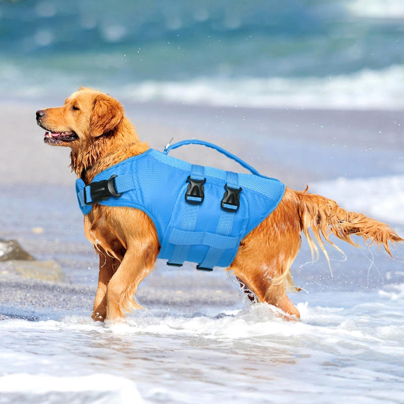 Kuoser Dog Life Jacket, High Flotation Dog Life Vest for Swimming Boating, Reflective Dog Swimming Vest Pet Life Preserver with Rescue Handle XX-Large (Chest Girth:30.7-38.5'') Blue - PawsPlanet Australia