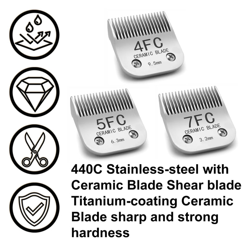Docal Detachable Clipper Ceramic Blades 4FC/5FC/7FC Silver, Dog Grooming Clipper Replacement Blades Compatible with KM Series Clippers, Most A5, Size-4FC/5FC/7FC, Cut Length 3.2mm to 9.5mm, 3 Packs 4FC+5FC+7FC - PawsPlanet Australia