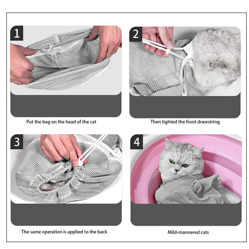 Adjustable Multifunctional Anti-Bite Shower net Bag，Cat Grooming Mesh Bag, Cat Bathing Bag，Cat Bath Brush and Cat Nail Clipper (A-Grey) A-Grey - PawsPlanet Australia