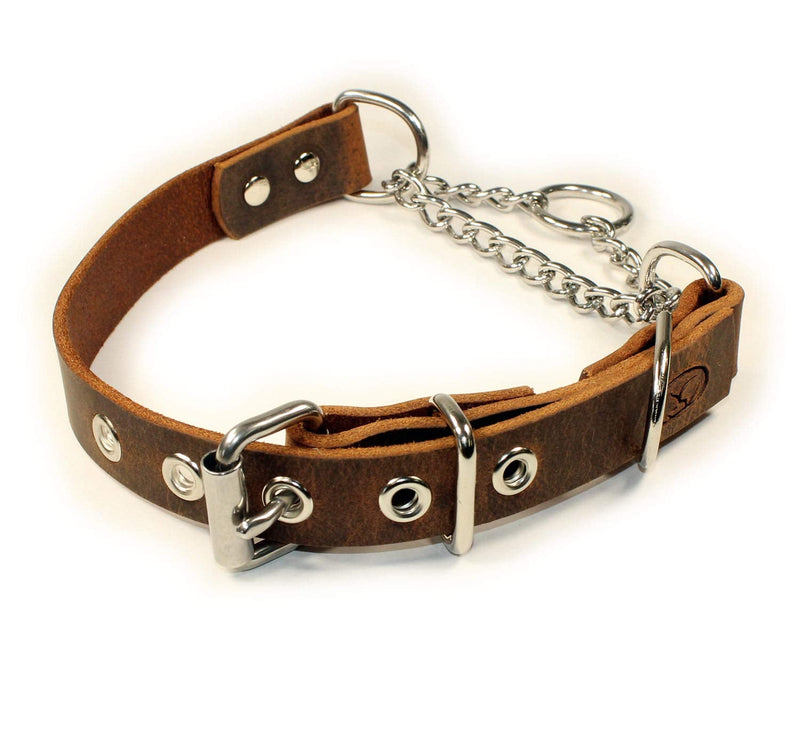 Adjustable Leather Martingale Chain, Limited Slip, Half-Check Chain, Training Dog Collar (Large: 18"-22", Dark Brown) Large: 18"-22" - PawsPlanet Australia