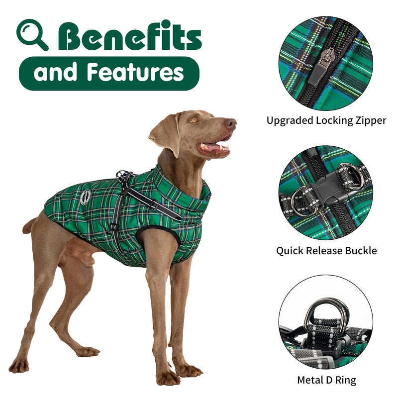 Dog Coat with Harness Built in,Dog Winter Jacket with Padded Fleece,Reflective Waterproof Coat for Small Medium Dogs,Green S Green - PawsPlanet Australia