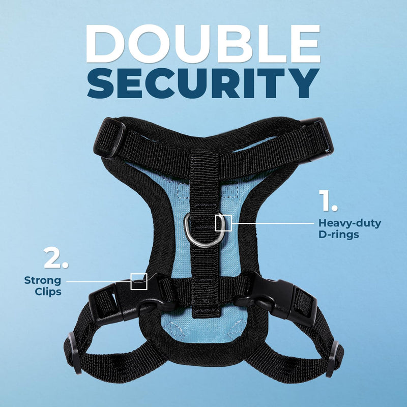 Voyager Step-in Lock Cat Harness and Reflective Cat Leash with Neoprene Handle by Best Pet Supplies - Supports Small, Medium and Large Breed Cats, Baby Blue/Black Trim, size S - 5ft Harness Leash Set (Baby Blue/Black Trim)