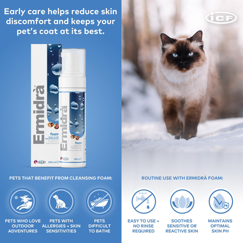 ICF | Ermidrà® Mousse Dog & Cat Dry Shampoo | Foam for Cleansing Soothing & Itch Relief | Relieves Dog & Cat Dry Skin, Rash, Scratching | 200 ml 200 ml (Pack of 1) - PawsPlanet Australia