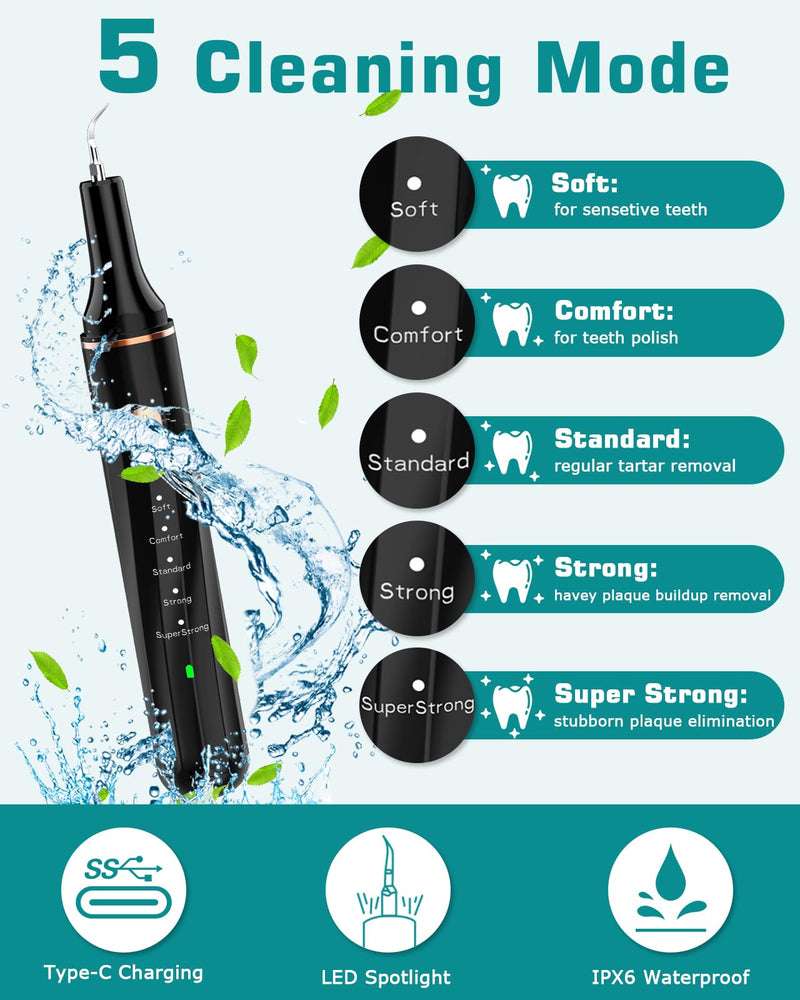 Dog Teeth Cleaning Kit 12-in-1, Pet Ultrasonic Canine Plaque Remover for Teeth with LED Light, 5 Cleaning Mode, USB Charge Dog Toothbrush Tool with Dental Tools Scaler Scraper Black - PawsPlanet Australia