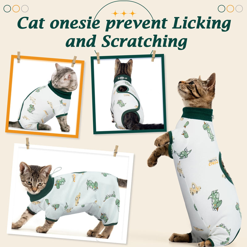 DENTRUN Cat Surgery Recovery Suit Female Male Soft Onesie, Kitten Surgical Collar Cone Alternative Shirt, Abdominal Wounds Anti-Licking Pajama for Small Pets Spay, Cat Body Suit Post Surgery XL Green Dinosaur - PawsPlanet Australia