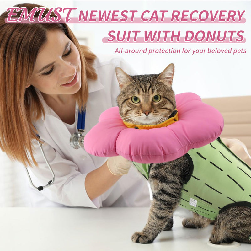 EMUST Cat Recovery Suit and Cat Cone Collar Set, Cute Cat Surgical Suit for Abdominal Wounds, Soft & Adjustable Flower Cat Cone Collar, Cat Cones After Surgery for Female Kittens Under 4lb(Green, S) Small Green