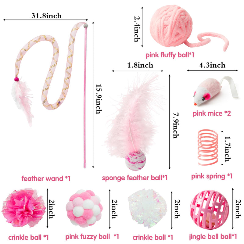 MALLMALL6 10Pcs Cat Toy Set Interactive Cat Toys Pack Including Feather Teaser Wand Cat Springs Mice Crinkle Balls and Pet Bell Balls, Puzzle Toys for Indoor Cats Gift (Pink) Pink - PawsPlanet Australia