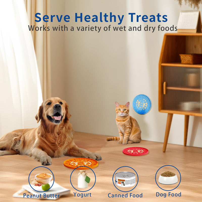 Lick Mat for Dogs & Cats 3 Pack - Silicone Dog Lick Mat with Suction Cups - Anxiety Relief/Promotes Healthy Eating/Frozen & Dishwasher Safe - Pet Peanut Butter Lick Pad LPFALASAT (Blue Orange Red) round - PawsPlanet Australia