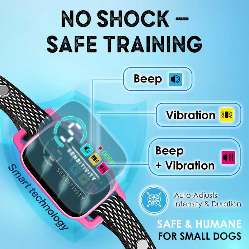 Bark Collar for Small Dogs 8-40 lbs – No Shock Anti Barking Collar with AI Chip – 3 Modes & 5 Sensitivity Levels – Waterproof, Rechargeable, Magnetic Charging – Humane, Effective Training (Pink) Pink