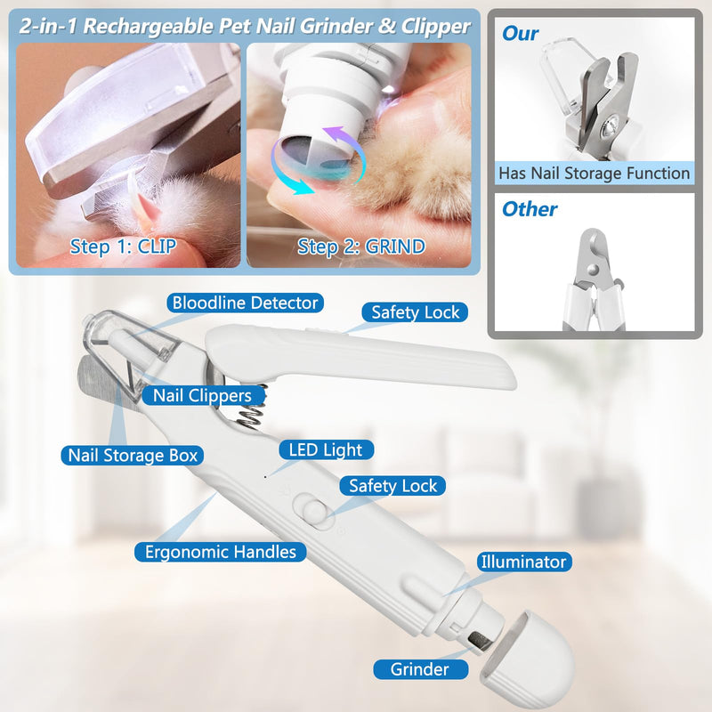 2-in-1 Led Cat Dog Nail Clipper & Nail Grinder with Lights,Rechargeable Pet Nail Trimmers with Nail File,Protective Guard,Quick Sensor,Pet Claw Clippers for Large Medium Small Dogs Cats Rabbits - PawsPlanet Australia
