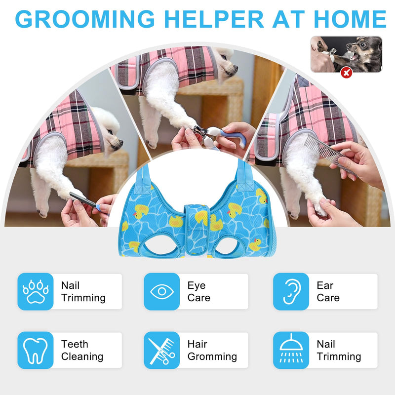 BEAUTYZOO Dog Grooming Hammock for Small Dogs Cat- Dog Sling for Nail Trimming/Clipping- Dog Hanging Holder with Thick Fabric Neck Support & Strap Restraint Claw Care,Blue Duck,S S (Leg Spacing: 7-10.2" / Max W: 30lbs) Blue Duck