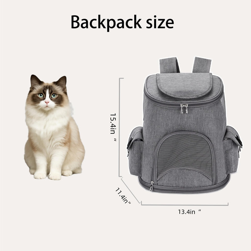 Foldable Cat Backpack Carrier - Dual-Sided Zipper & Magnetic Buckle, Breathable Mesh Pet Carrier with Adjustable Drawstring, Airline Approved Travel Backpack (Grey) - PawsPlanet Australia