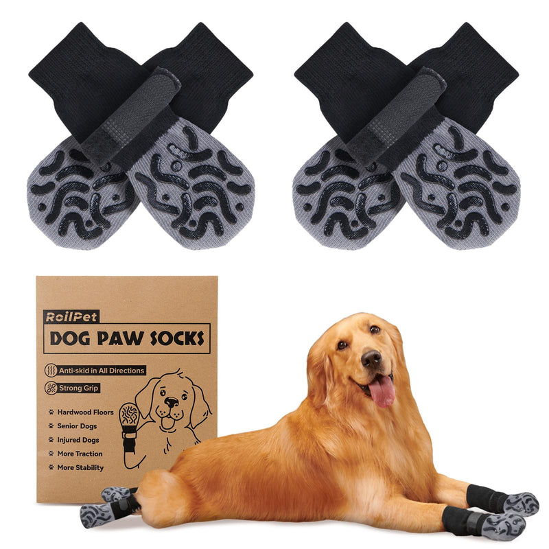 Non Slip Dog Socks to Prevent Licking Paws - Strong Traction for Hardwood Floors, Senior Dogs, Paw Protector, Prevent Scratching, Double Sides Anti Slip Dog Socks - Size Large Black Size Large(Pack of 4)