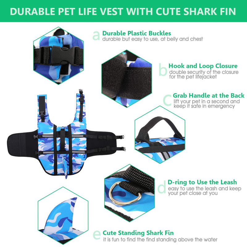 Queenmore Dog Life Jacket Pet Safety Vest High Buoyancy Camouflage Color Cute Shark with Strong Rescue Handle and Leash Ring for Boating, Canoeing, Surfing, Hunting X-Small Blue Camo
