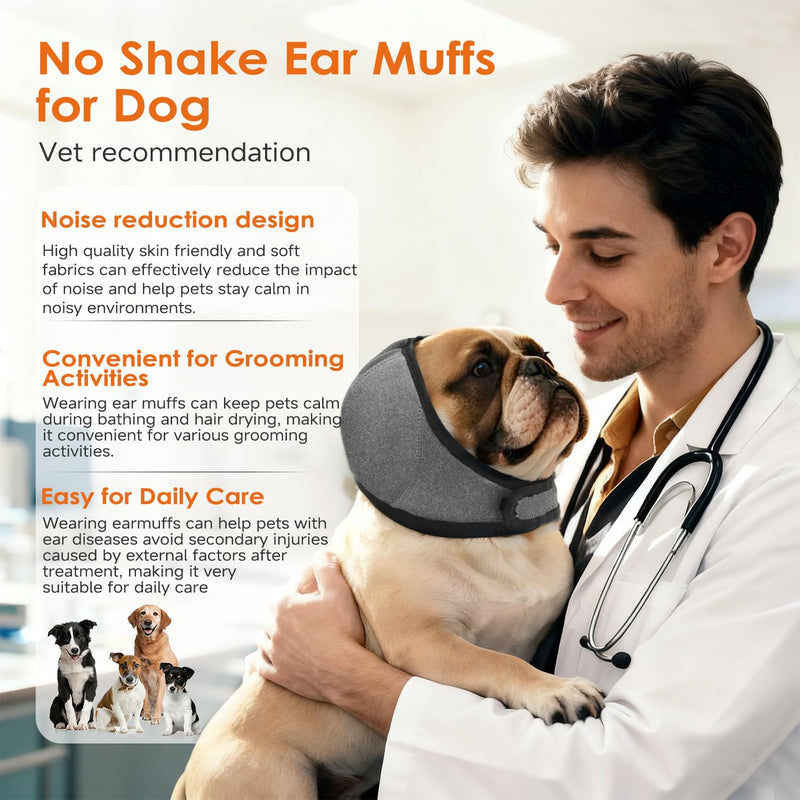 Upgraded Dog Ear Muffs for Noise Protection & Bath, No Shake EarWrap for Hematoma Prevention, Drying & Anxiety Relief, Elastic Waterproof Dog Ear Protector with Soundproof Sponge (Grey, Medium)