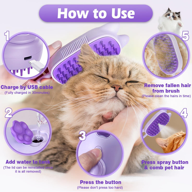 Cat Steam Brush for Shedding, Spritz Defur Comb 3 in 1 Pet Rechargeable Steam Brush Tool for Long and Short Haired Cats and Dogs, Anti-Static, Shedding, Detangling, Massage & Combing (Purple) - PawsPlanet Australia