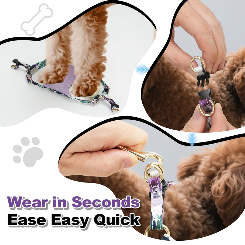 XXS Dog Harness and Leash Set Lightweight Pet Harnesses with Cute Bowtie Floral Pattern, Adjustable Escape Proof Puppy Vest Extra Small Size Dogs for Daily Walking Parties Holiday Purple Purple Flower XXS - PawsPlanet Australia