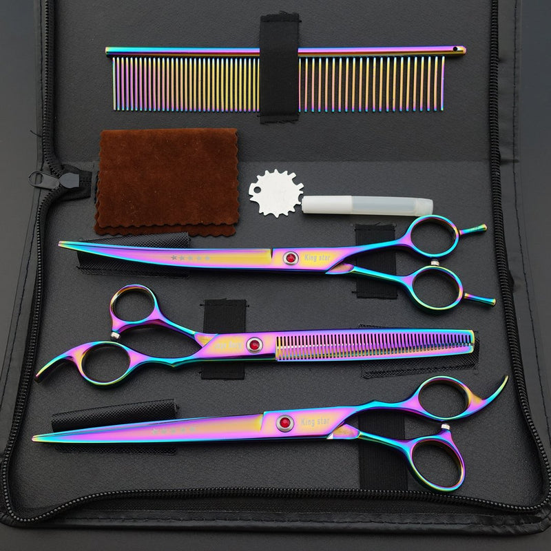 KINGSTAR 8.0in. Professional Pet Grooming Scissors Set,Titatium Plated Straight & Thinning & Curved Scissors Set with Comb,Dog Grooming,A563 8 inches 8 Inches Rainbow 3pcs Set - PawsPlanet Australia