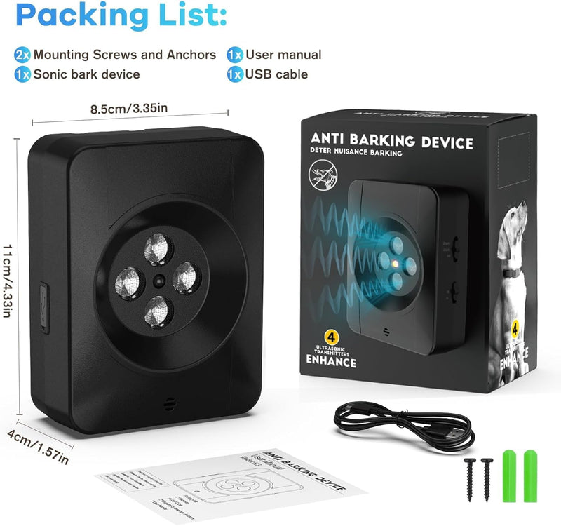 Dog Bark Deterrent Devices, Automatic Anti Barking Device with 4 Ultrasonic Transmitters, Audio & Ultrasonic Bark Box with 33FT Range, Rechargeable & Waterproof Outdoor Stop Barking Dog Devices