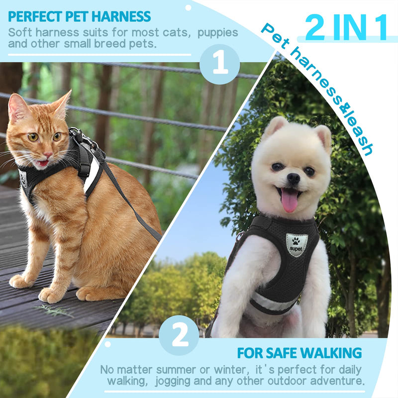 Supet Cat Harness and Leash Set for Walking and Small Dog Soft Mesh Harness Adjustable Vest with Reflective Strap Comfort Fit for Pet Kitten Puppy Rabbit M (Chest: 12.5" - 15.5") Black - PawsPlanet Australia