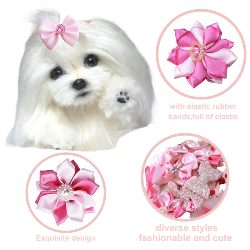 20pcs Light Pink Small Puppy Dog Hair Bows with Rubber Bands, Flower Ball Bowknot Rhinestone Pearls Hair Ties Mix Style for Dog Hair Accessories - PawsPlanet Australia