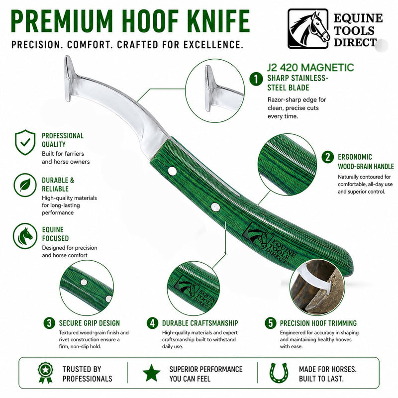 Straight Blade Hoof Knife with Rhino Hook, J2 420 Magnetic Stainless Steel, Right-Hand, Ergonomic Green Handle, Professional Farrier Trimming Tool