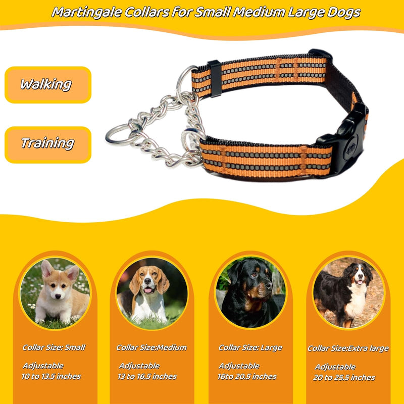 Martingale Dog Collars, Reflective Nylon Collar with Stainless Steel Chain, Adjustable Walking Training Dog Collars with Quick Release Buckle, Suitable for Small Medium Large Dogs(Orange,XL) Extra Large-(dog's neck 20~25.5inches) Orange - PawsPlanet Australia