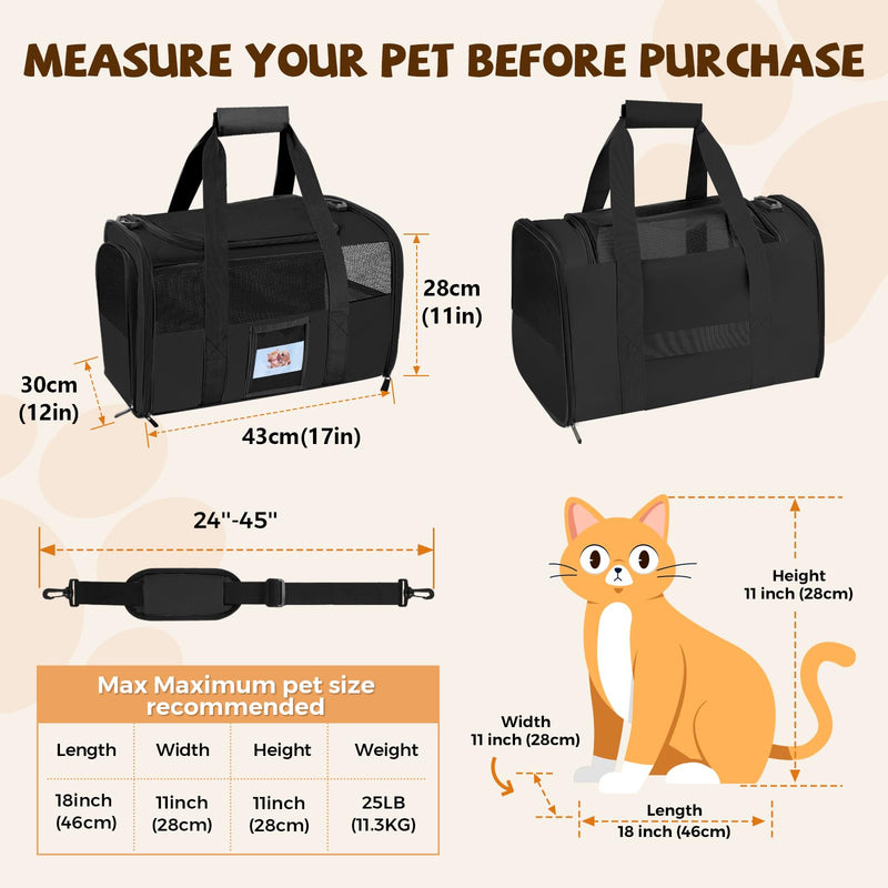 Cat Carrier, Dog Carrier for Small Dog Medium Cats,Pet Travel Bag Puppies up to 15 Lbs,TSA Airline Approved Cat Carrier Soft Black - PawsPlanet Australia