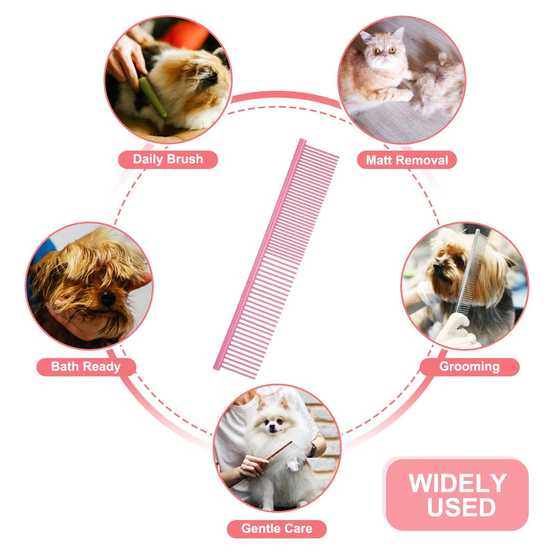 Dog Cat Comb, Pet Combs Stainless Steel Teeth with Rounded Ends for Knots Mats Loose Hair Removal, 7.5IN (Pink Coated, 3 Pack), Grooming Tool Intended for Long Curly Hair Pet Pink Coated 7.5 IN