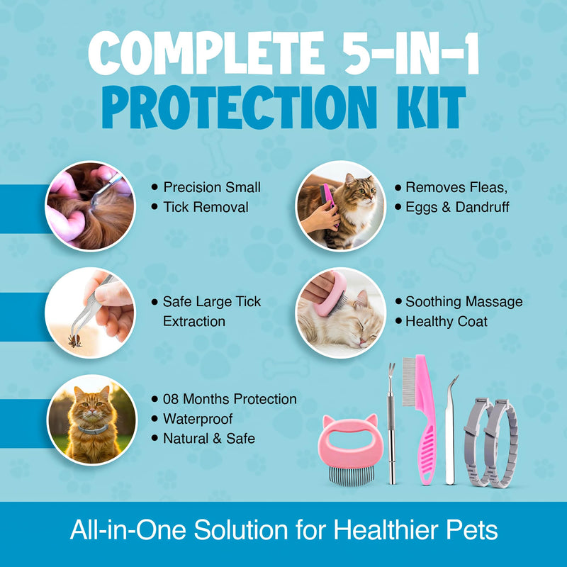 Cat Flea and Tick Collar 8-Month Protection Natural Flea Collar for Cats & Kittens with Flea Comb, Shell Comb, Tick Tweezers & Tick Removal Tool | 5-in-1 Cat Flea Collar & Protection Kit Set