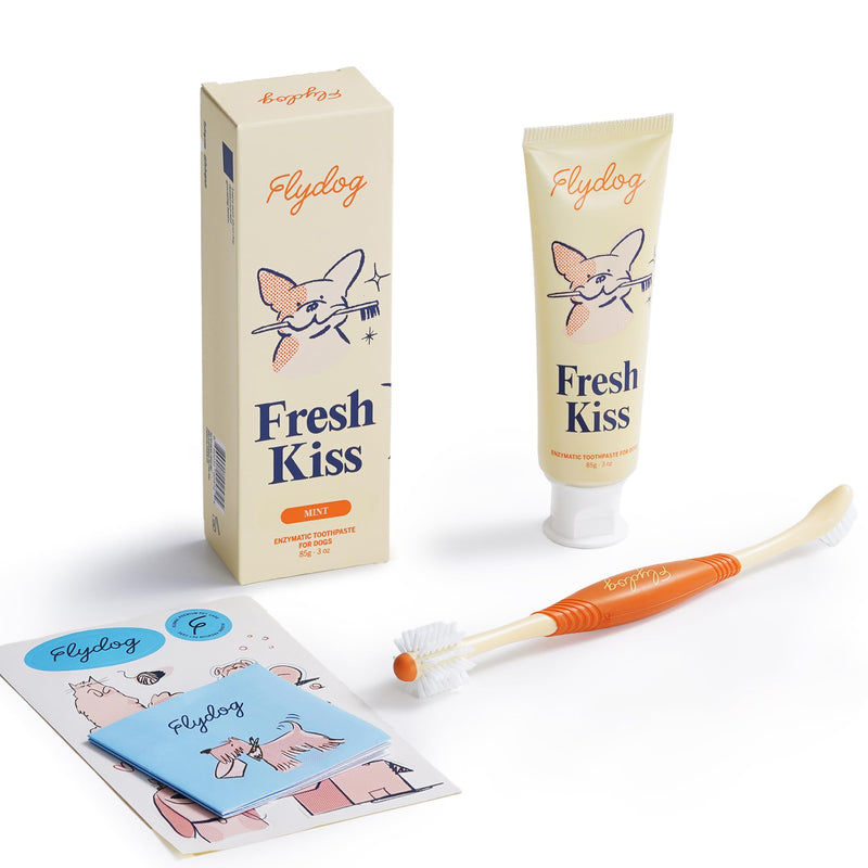 Flydog Fresh Kiss Dog Tooth Brushing Kit, Enzymatic Dog Toothbrush and Toothpaste- Vet Approved Formula, Breath Freshener & Tartar Remover, 360° Toothbrush for All Round Cleaning (Mild Mint) Mild Mint