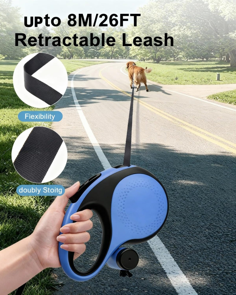 26FT Heavy Duty Retractable Dog Leash for Large Dogs Up to 110lbs,Chew Proof Nylon,360° Tangle-Free,One-Hand Brake Lock,Anti-Slip Grip,Extendable Leash with Poop Bag Holder (Blue) Blue Large - 26 ft