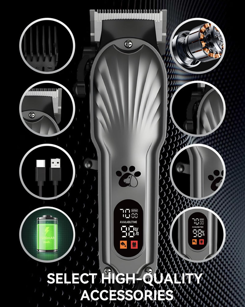 Dog Clippers Professional for Thick Hair, Pet Clippers for Dogs Cordless LED Display Low Noise Rechargeable Dog Trimmer with Grooming Nail Kits Gray