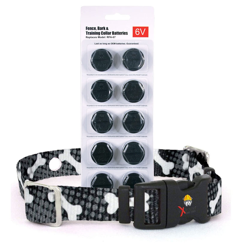 Large Black Bones Replacement Containment and Training Dog Collar Strap with RFA-67 Batteries - Compatible with Most PetSafe In-Ground Fence, Wireless Fence Receiver, and Training Collars (Bundle 2)