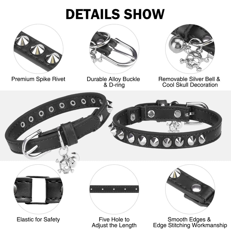 Leather Cat Collars for Boy Girl Cats with Bell and Safety Elastic Belt, Personalized Rivets Stud Adjustable Safe Buckle Collar with Skull Charm for Kitty Small Pets, Black 8"-12" Cats / Mini Dogs(Pack of 1) Black_Studded - PawsPlanet Australia