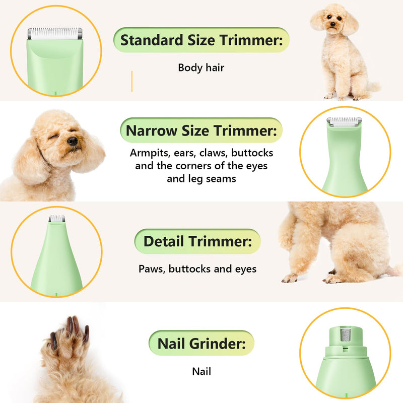 SUPRENT Dog Grooming Kit, 4 in 1 Quiet Pet Clippers for Grooming Supplies, Cordless Cat Paw Trimmer Dog Nail Grinder, Professional Long Hair Shaver Set for Cat Matted Hair and Small Dogs Thick Coats Green - PawsPlanet Australia