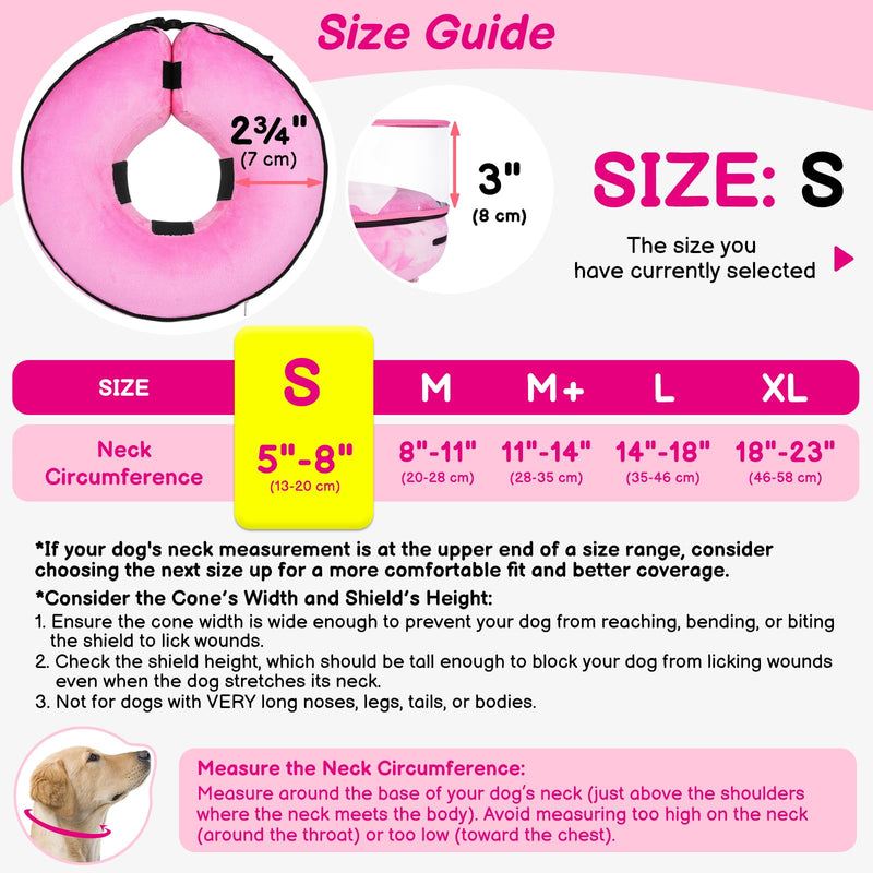 BARKLESS Inflatable Dog Cone, Protective Dog Surgery Collar to Stop Licking Biting Wounds, Patented Soft Donut Cone with Clear Shield, Adjustable Blow-up Collar for Surgery Recovery (Pink, S) Pink S (Neck: 5"-8")