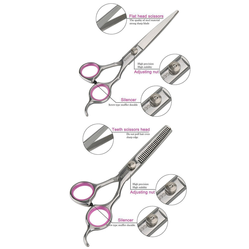 GEMEK Pet Cat Dog Grooming Scissors Set 4 Pieces Stainless Steel Professional Pet Trimmer Kit - 7.5 inch Straight Cutting, Thinning Shears, Curved, Grooming Combs Pink 5 in 1 - PawsPlanet Australia