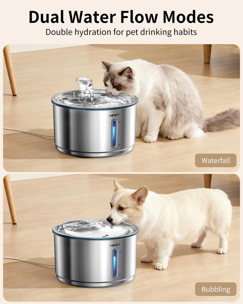 NPET Stainless Steel Cat Water Fountain, 1Gallon/135oz Automatic Pet Drinking Fountain Dog Water Dispenser Bowl with Water Level Window for Cats Indoor - WF210Plus With 1 Filter+1 Sponge 1 Gal Fountain - PawsPlanet Australia