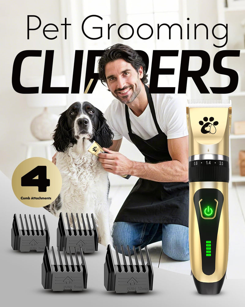 Dog Clippers Cordless, Professional Pet Clippers, 2-Speed Low Noise Dog Grooming Kit, Pet Trimmer for Small Large Thick Hair Dogs Cats Gold - PawsPlanet Australia
