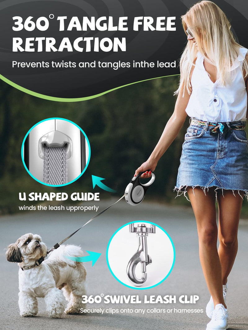 Retractable Dog Leash with LED Flashlight, Douexio Upgrade 3 in 1 Dog Leash Retractable for Small Medium Dogs Up to 66 lbs, 16ft, Anti-Slip Handle,One-Handed Brake (White) White - PawsPlanet Australia