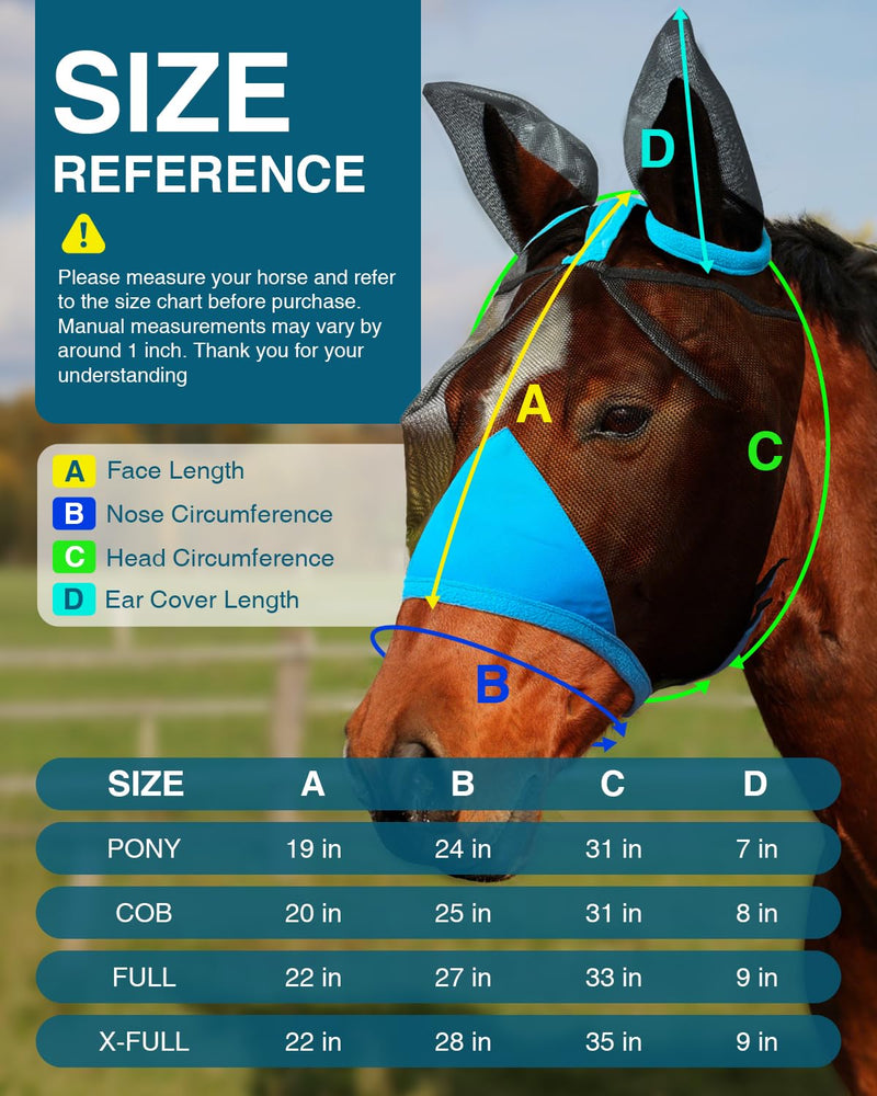 Hilltown Adjustable Fly Mask for Horse with Ears - UV-Block, Large Eye Space, Breathable, Built to Last, Comfort Fit - Horse Fly Mask for Daily Stable, Hot Weather Riding & Competition - X-Full, Blue - PawsPlanet Australia