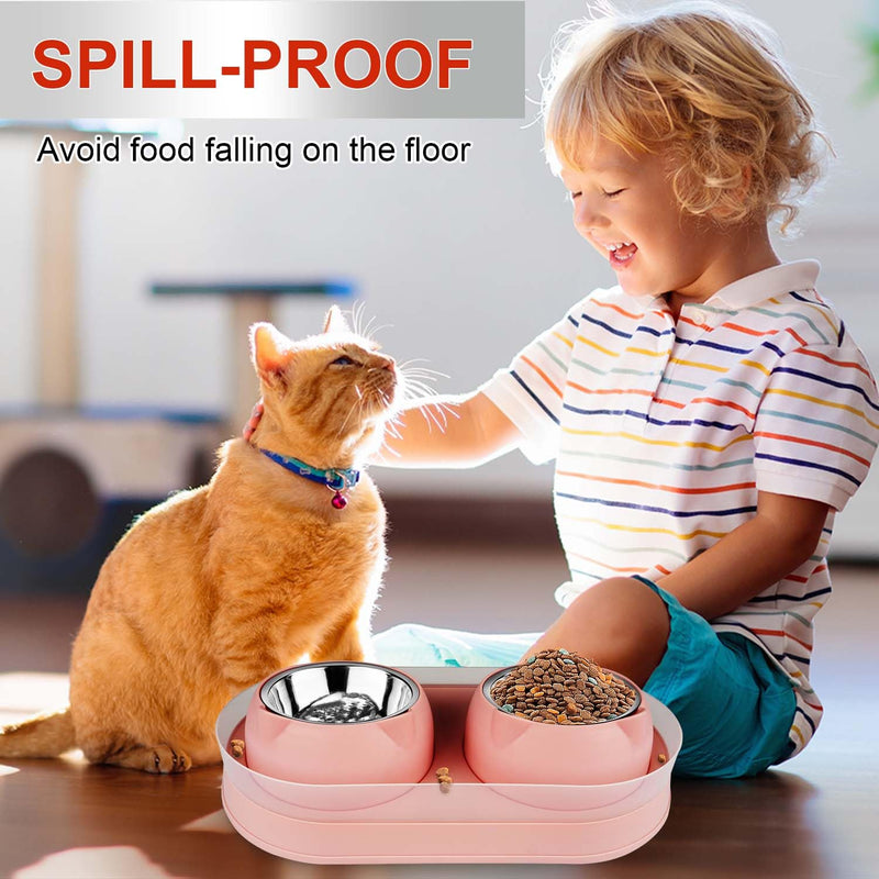 Elevated Cat Food Bowls, Raised Cat Bowl with Stand Stainless Steel, Tilted Cat Bowls Anti Vomiting, Double Cat Food and Water Bowl Set for Cats (Pink) Pink - PawsPlanet Australia